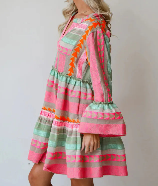Colorful Boho Tiered Mini Dress with Bell Sleeves, V-Neck Geometric Embroidered Dress, Summer Beach Casual Dress