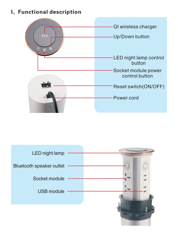 EU kitchen pop-up table socket, with wireless charger Protector intelligent desktop electric socket, automatic electric lift