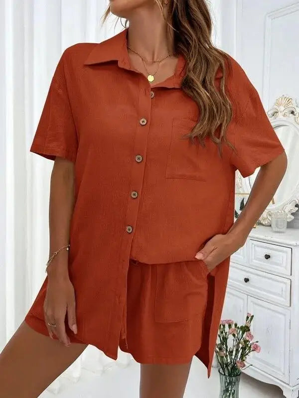 Solid Color Single Breasted Top Casual Loose Short Pants Sets Women Summer Women's 2 Pieces Suit Full Set Female Outfit Clothes