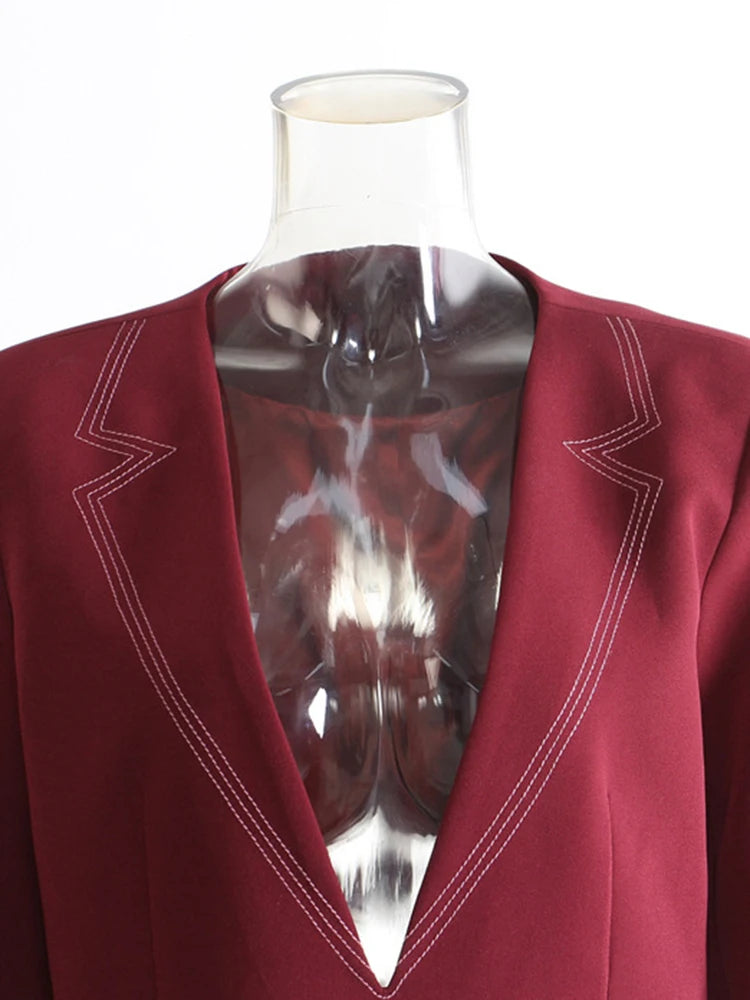 [EAM] Women Wine Red Topstitched Big Size Elegant Blazer New V-neck Long Sleeve Jacket Fashion Tide Spring Autumn 2026 1DH7919