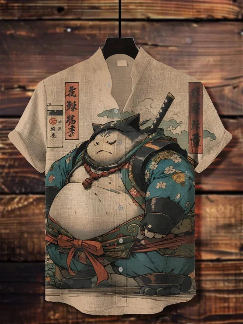 Men's Warrior Cat Art Linen Shirt 3D Plum Blossom Print Casual Hawaiian Shirt Summer Short Sleeved Shirt Top