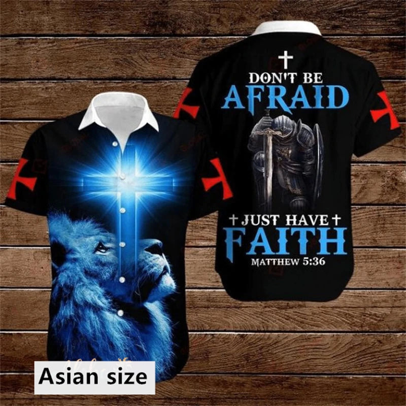 Jesus Cross Lion Graphic Men Shirt Fashion 3D Printed Christian Button Lapel Hawaiian Shirts Summer Street Short Sleeves Tops