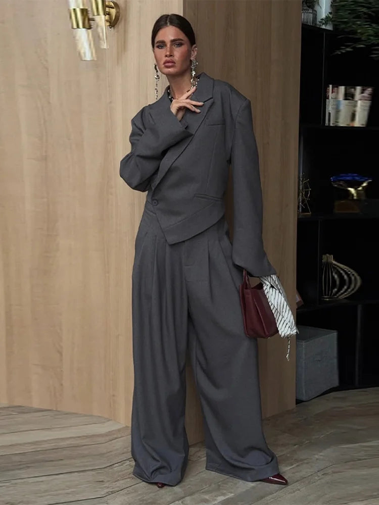 Solid Women Officewear Lapel Pockets Long Sleeve One Button Cinched Waist And Wide Leg Pant Fashion Lady Streetwear Commute 2026