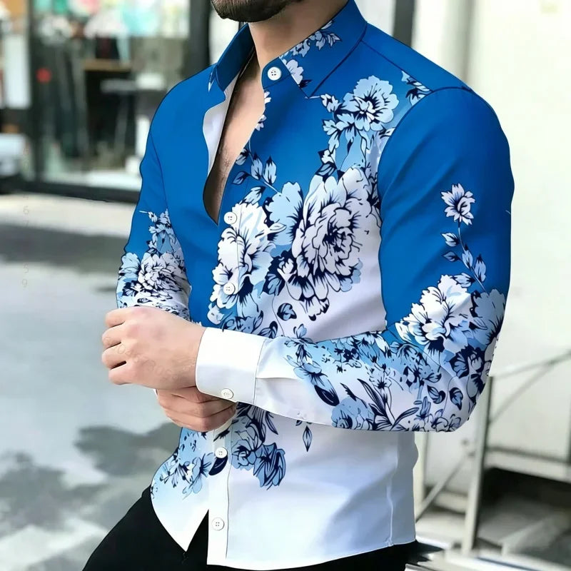 2026 New Men's Shirt Personalized Printed Long Sleeve Shirt Black Brown Contrasting Design Sense Shirt Street Trendy Men's Wear