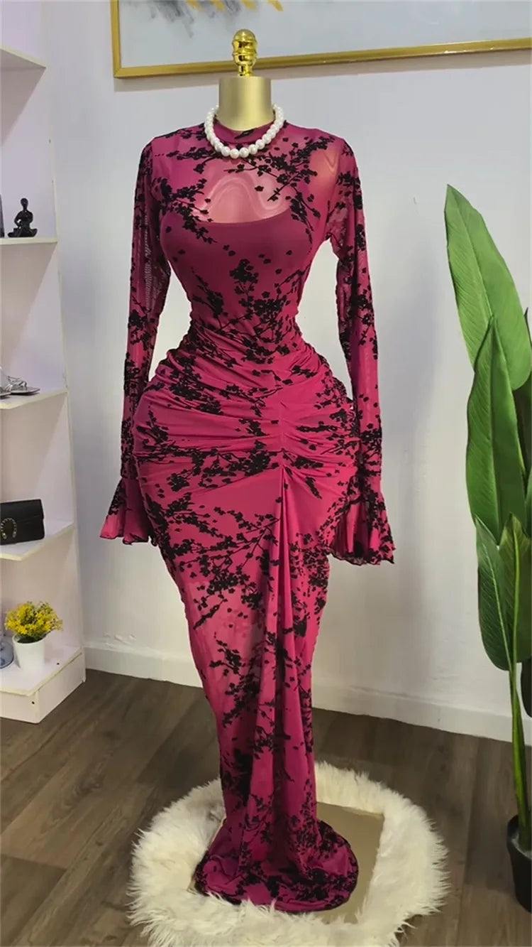 CM.YAYA 2025 Women Long Sleeve Ruched Mesh See Though with Lining Bodycon Long Dress Fall Evening Birthday Sexy Party Dresses