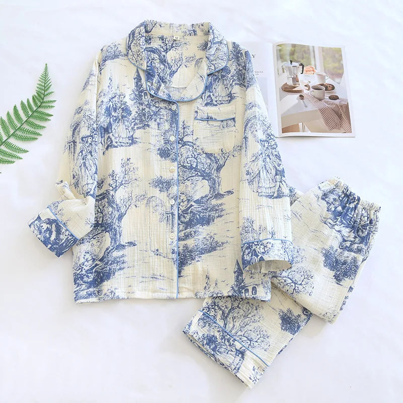 2026 New Spring and Autumn Women's Pajama Set 100% Cotton Crepe Collar Long Sleeve Two Piece Loose Breathable Home Clothes