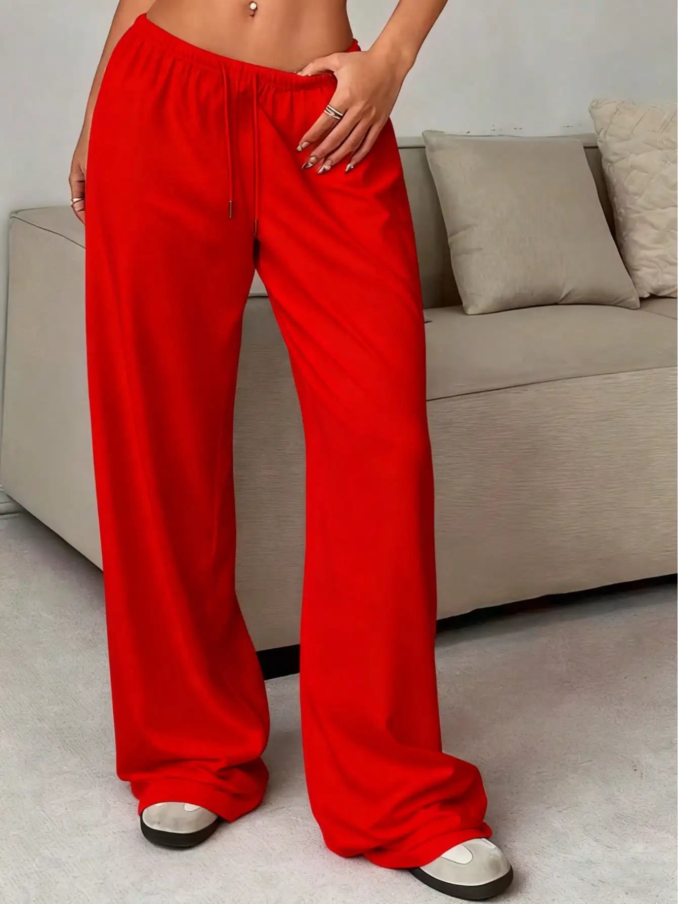 2026 Women's Casual Four Seasons - Comfortable Loose Solid Color Drawstring Elastic Belt Wide Leg Running Pants