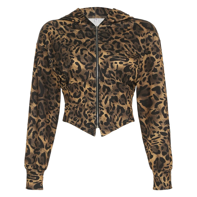 BKLD Women's Classic Hooded Long Sleeved Patchwork Irregular Sexy Zip Up Corset Short Jacket Street Style Leopard Coat Outerwear