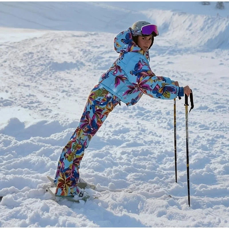 Women's Printed Hooded Ski Jackets Jumpsuit Sets Long Sleeve Zipper Short Coats Straight Leg Overalls 2026 Winter Lady Ski Suits