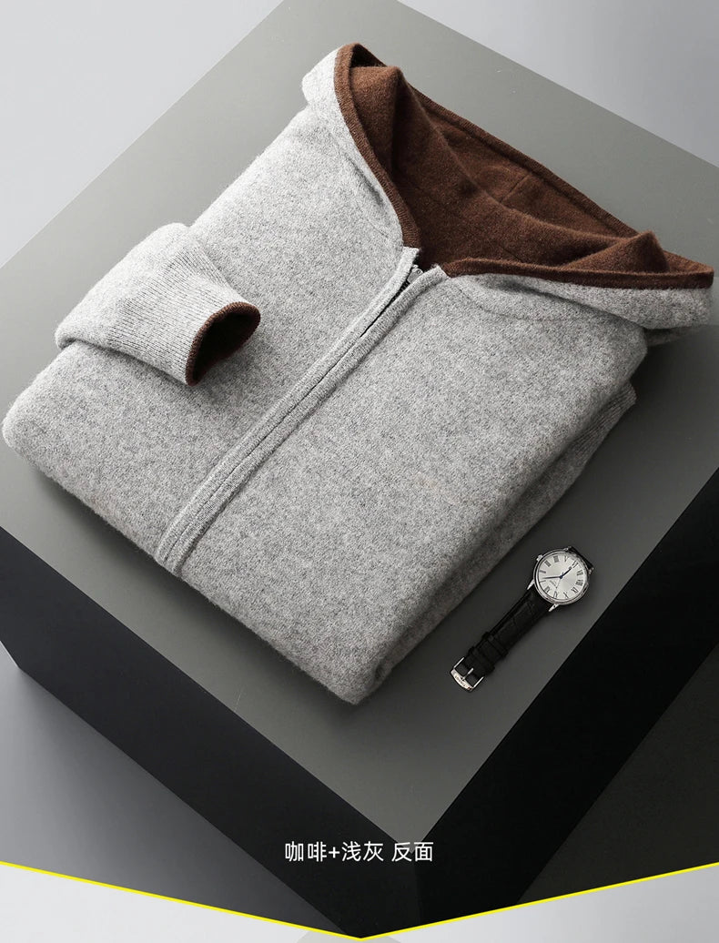 New Men's 100% Merino Wool Double Sided Wearable Hooded Sweater Casual Autumn Winter Coat Long Sleeved Men's Wool Sweater Tops