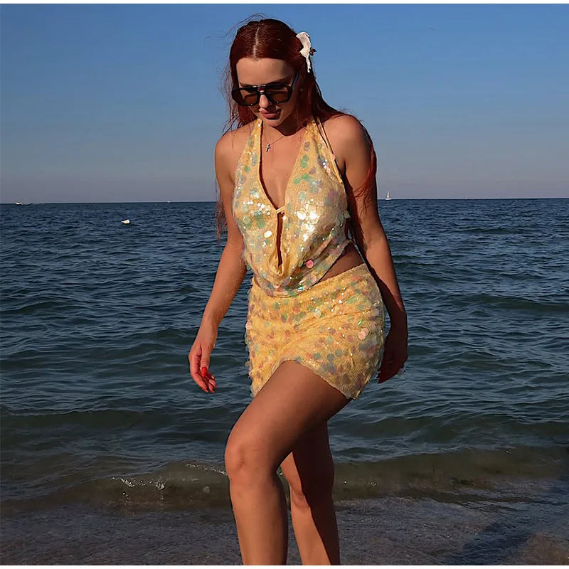 Sequins Halter Hollow Out Dress Women's Sexy Backless Sleeveless Contrast Color Mini Dresses 2026 Summer New Lady Beach Robes
