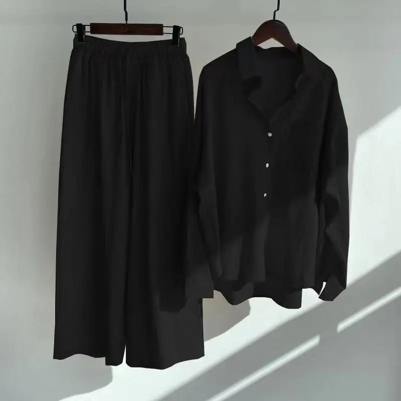 Women's 2-piece set 2026 Spring Autumn New Long sleeved Cotton linen Shirt top+High waisted loose Pants Comfortable Casual Sets