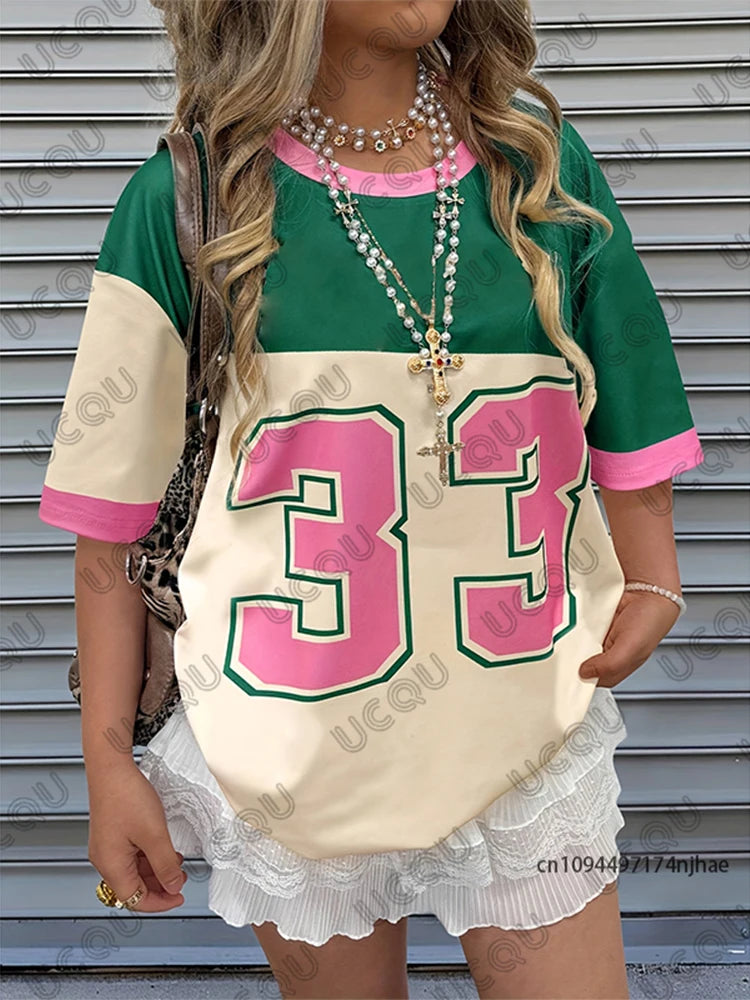 Summer New No.33 Print T-Shirt For Women Patchwork O-Neck Short Sleeve Sports Tees Football Jersey Y2K Loose Oversized Tops