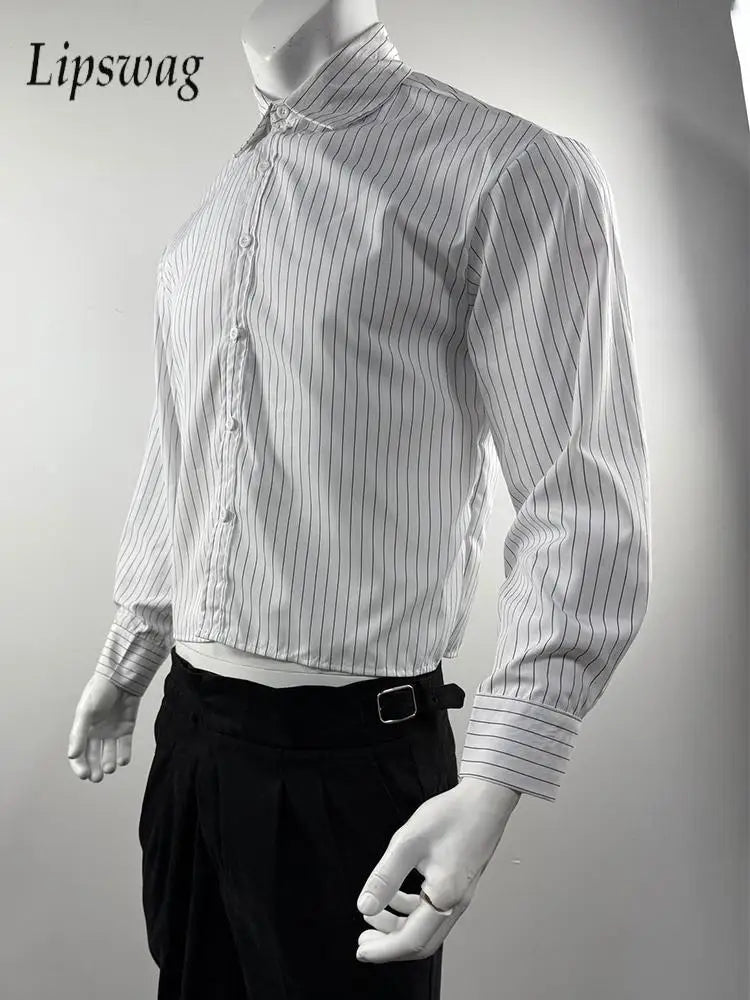 Trendy Long Sleeve Crop Shirts For Men's Spring Autumn Outdoor Casual Striped Printing Shirt Men Clothes Vintage Lapel Cardigan