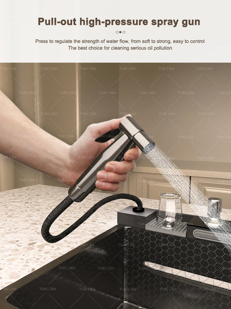 Stainless Steel Golden Kitchen Sink Multifunctional Waterfall Outlet Single Slot Piano Button Digital Display