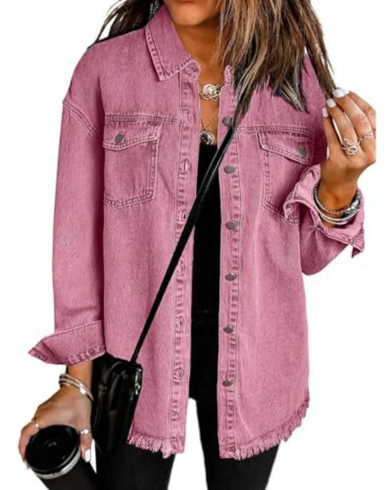 Women's Trendy Washed Denim Jacket New Spring Autumn Trimmed Edges Casual Classic Fit Jeans Jacket for Ladies