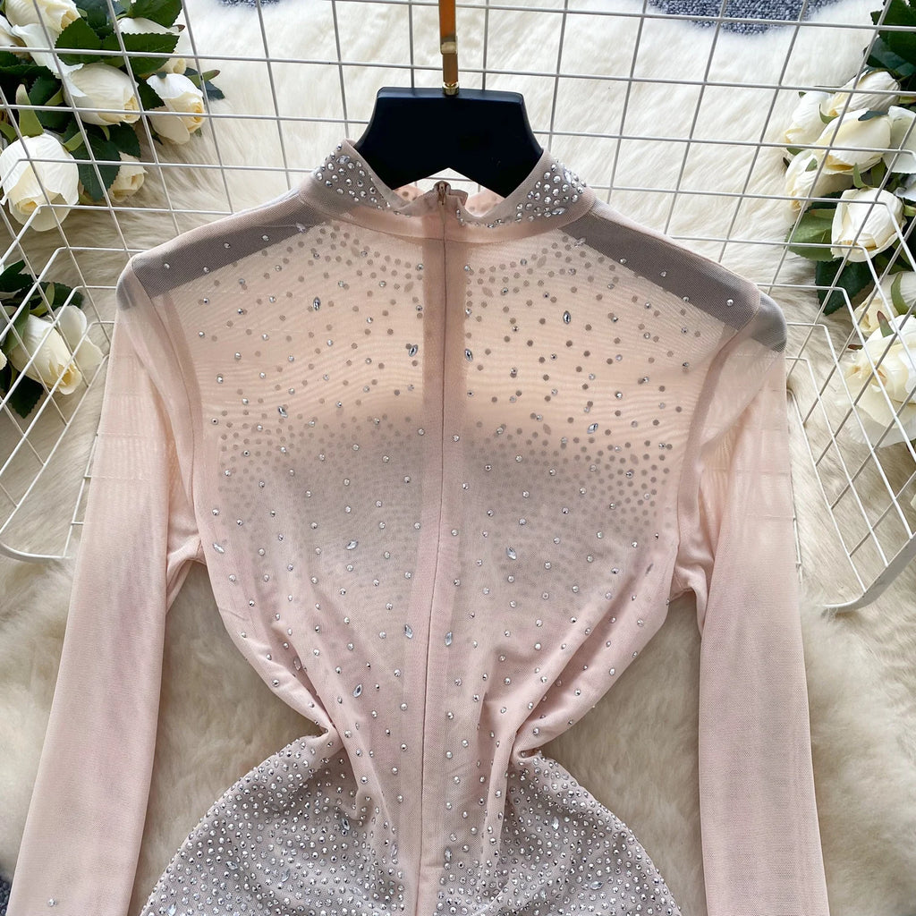 SINGREINY Summer Thin Sheer Sexy Bodysuit Long Sleeve Zipper With Shorts Design Rompers Beadings Streetwear Women Mesh Playsuits