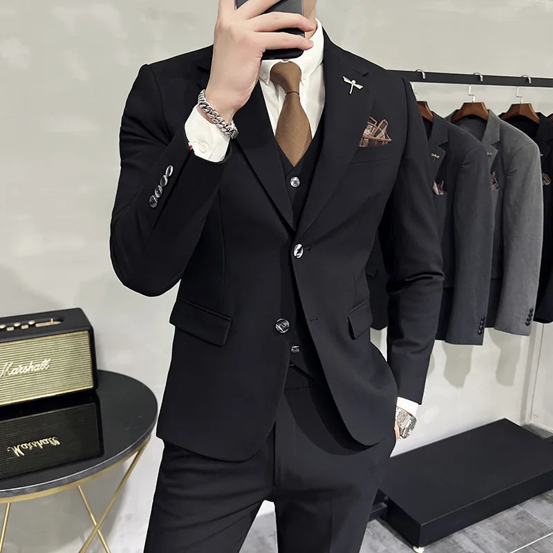 Blazer Vest Pants Men's Navy Blue Suit Set Slim Fit Blazer Vest Pants Formal Outfit for Business Wedding Office Groom Party