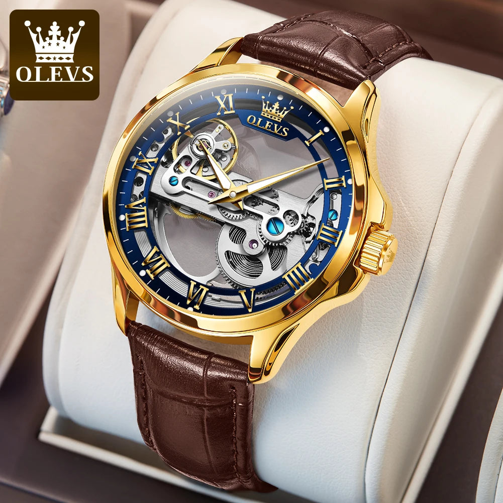 OLEVS Couple Watches Original Fully Transparent Skeleton Automatic Mechanical Watches For Men Women Lover's Gift Luxury Watches