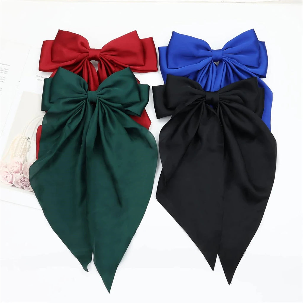 8 Ladies Satin Large White pink Red Blue Black Ribbon bow Oversized bow Long tail hair clip spring clip ponytail Hair accessorie