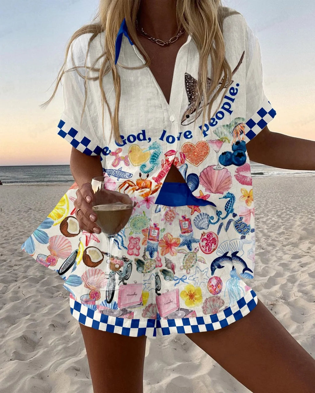Summer Women's Print Beach Holiday Two-Piece Set Fashion Short Sleeve Buttoned Shirt with Wide Leg Shorts Casual Outfit