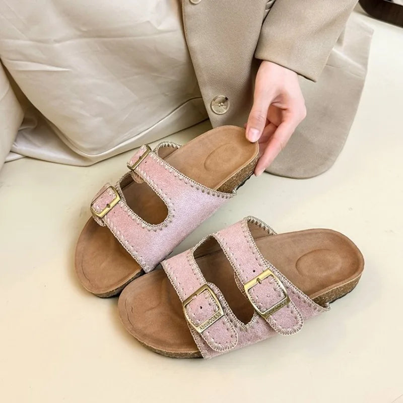 Women's Flat Slide Sandals Open Toe Suede Look Double Buckle Strap Slip on Whipstitch Detail Casual Summer Daily Walking Shoes