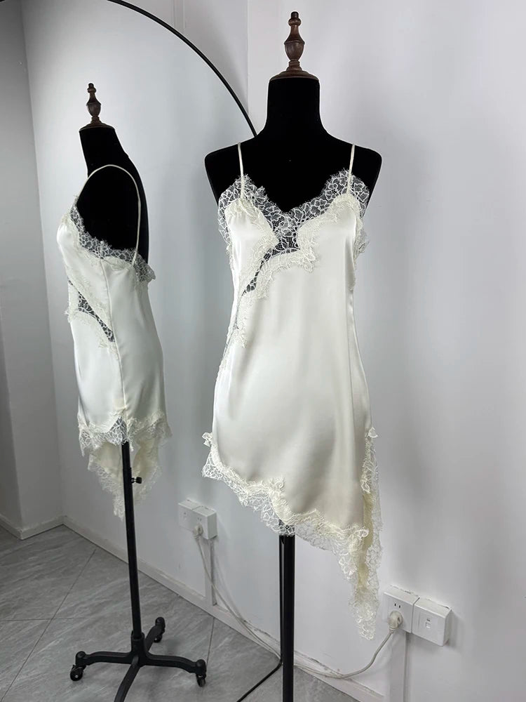 Tuularose Women's Lace Spaghetti Strap Dress Sexy Sleeveless Lace Patchwork Asymmetrical Dress Summer Party Looks Elegant Dress