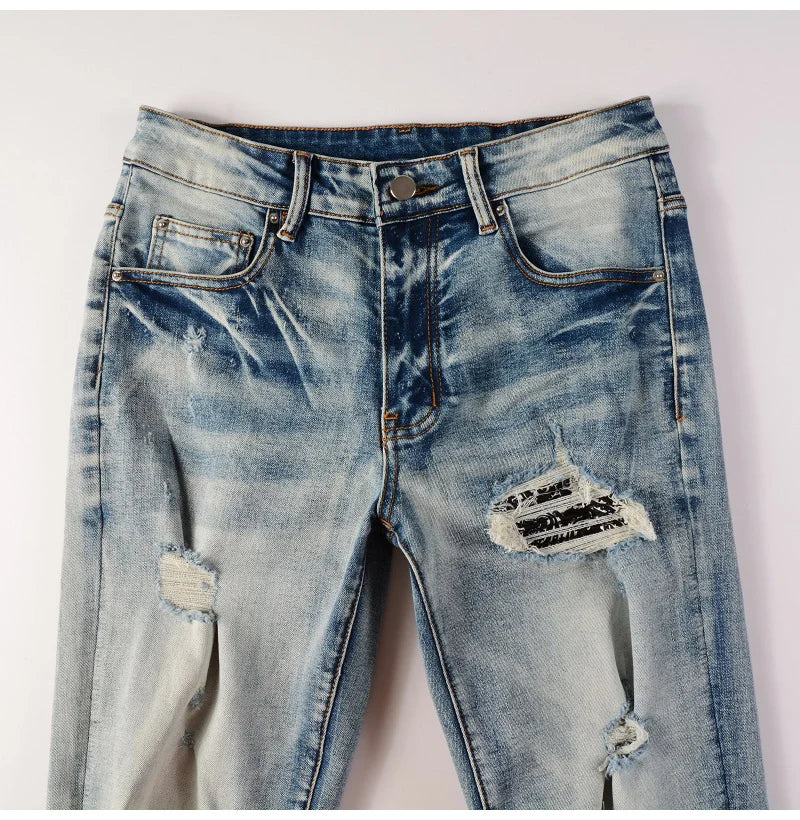 Men Paisley Bandana Print Patch Jeans Streetwear High Stretch Denim Pants Holes Ripped Patchwork Skinny Tapered Trousers