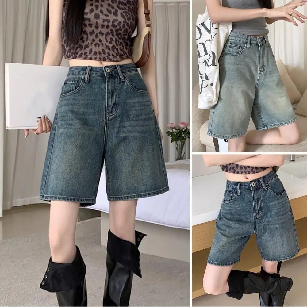 Retro Style Women Denim Shorts High Waist Vintage Washed Straight Wide Leg Button Zipper Knee Length Jeans Shorts Summer