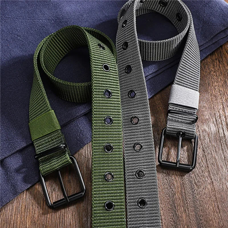 New Men Belt Porous Canvas Pin Buckle Leather Belt Outdoor Sports Belt Women's Trendy Eyelet Belt With Jeans Belt For Men Women