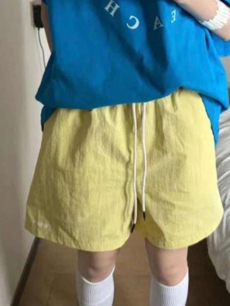 HOUZHOU Harajuku Blue Shorts for Women Korean Style Baggy Sport Short Pants Casual Fashion High Waist Retro Wide Leg Shorts