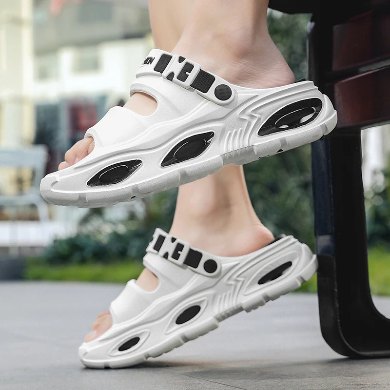 Summer New Style Men's Simple Hollow-Out Dual-Wear Beach Flip-Flops, Sizes 38-45, Thick-Soled Drainage Eva Sandals