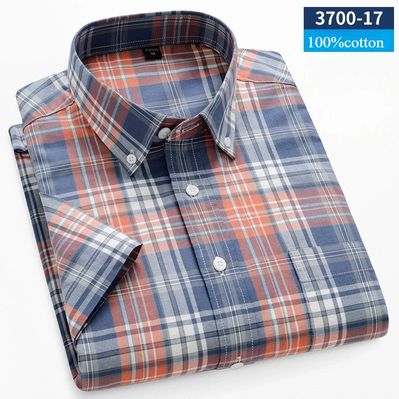 New In Shirt Summer 100%Cotton Short Sleeve Shirts for Men Slim Fit Formal Plain Shirt Designer Plaid Korean Popular Clothes