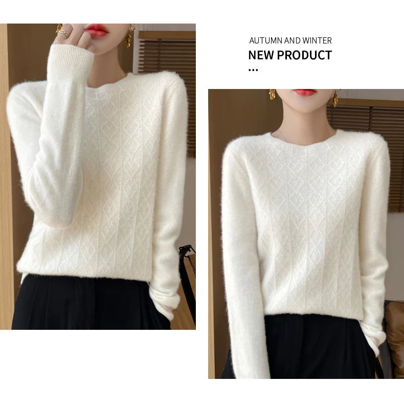 Fall/Winter 2024 New Women's Sweater 100% Pure Wool Lotus Collar Solid Color Loose Knitted Cashmere Pullover