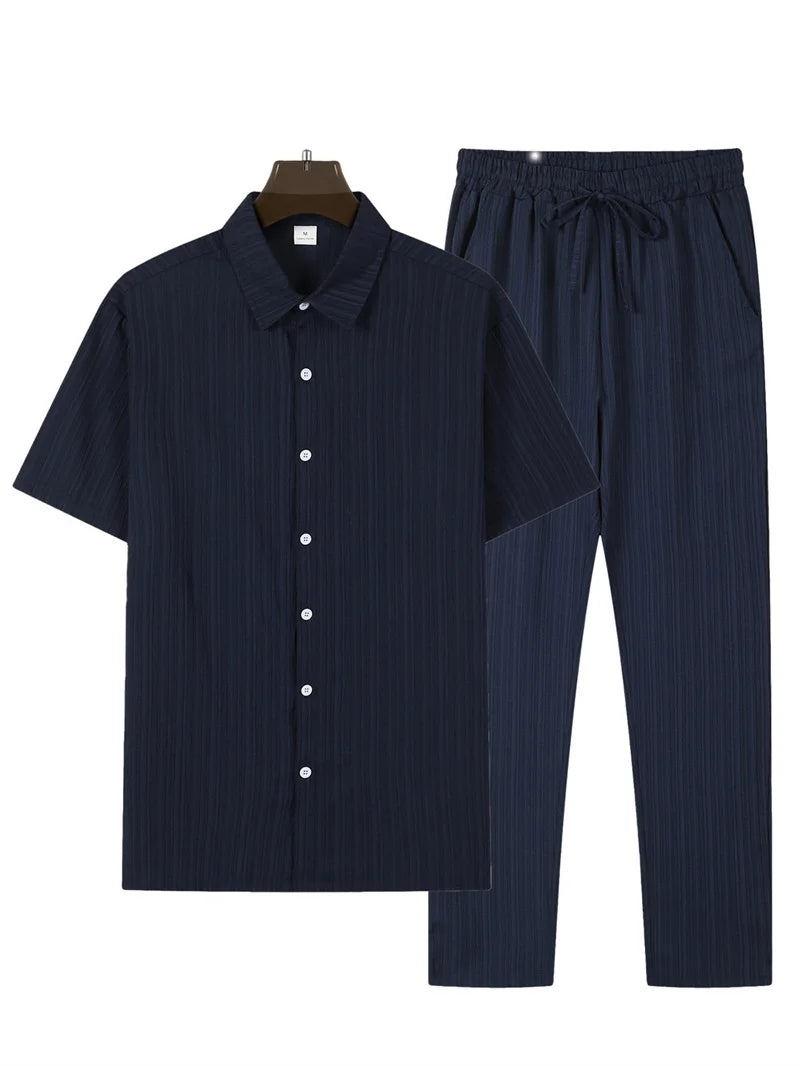 spring Summer Men Sets short-sleeve cardigan lapel shirt+trousers suit men's fashion 2 pieces tracksuit striped leisure suit