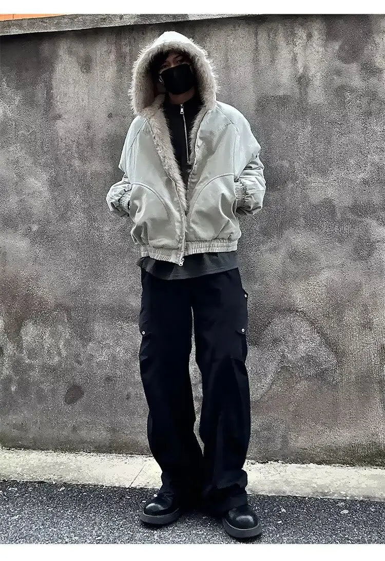 American Retro Lamb Fleece Cotton Jacket Winter Thickened Keep Warm Fur Collar Jacket Zipper Hoodie Loose Coat men clothing