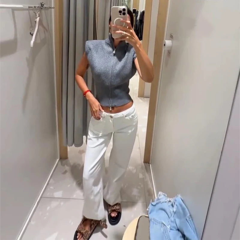 Sleeveless Padded Shoulder Women's Knitted Vest Half Turtleneck Double Zipper Cropped Slim Solid Knit Cardigan Street New Tops