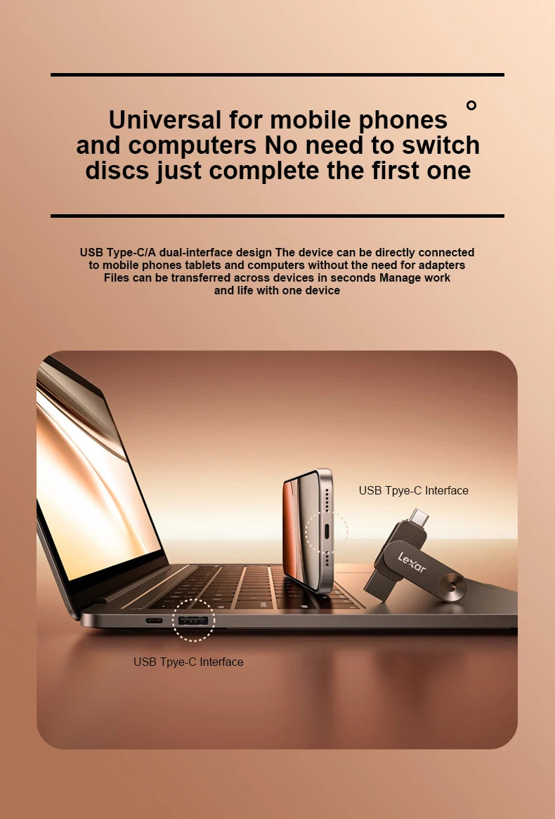 Lexar USB 3.2 Type-C and Type-A Flash Drive Metal Pendrive 128GB 256GB 512GB 1TB Max 400Mb/s U Disk for Xiaomi Huawei iPhone 15