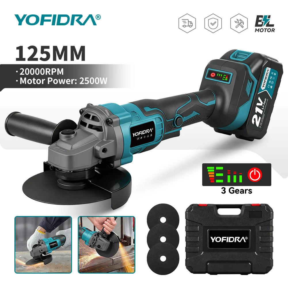 YOFIDRA 125mm Brushless Angle Grinder 3 Gears Cordless Grinding Machine Cutting Woodworking Power Tool For Makita Battery Pin