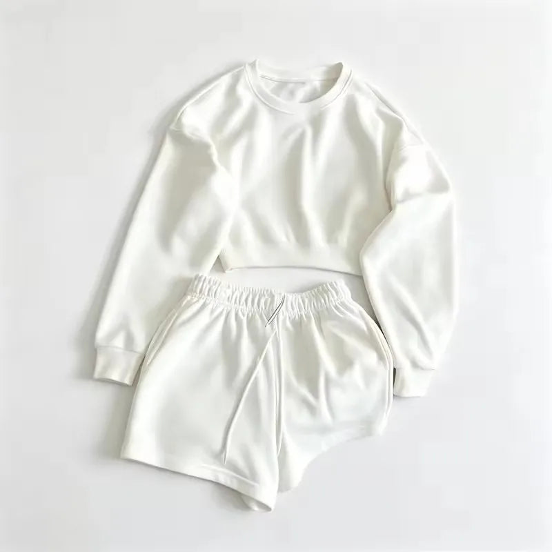 spring autumn Womens Round neck long sleeve Sweatshirt Two Piece Set Casual Sweatshirt+shorts Womens suit Daily Womens Tracksuit