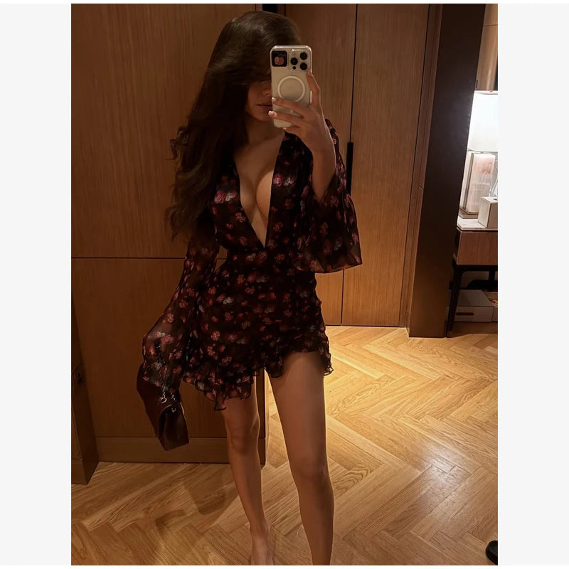 Women Flora Painted Ruffle Mini Dress Elegant Full Sleeve Deep V-neck Slim A-line Vestidos 2026 New Lady Holiday Street Dresses