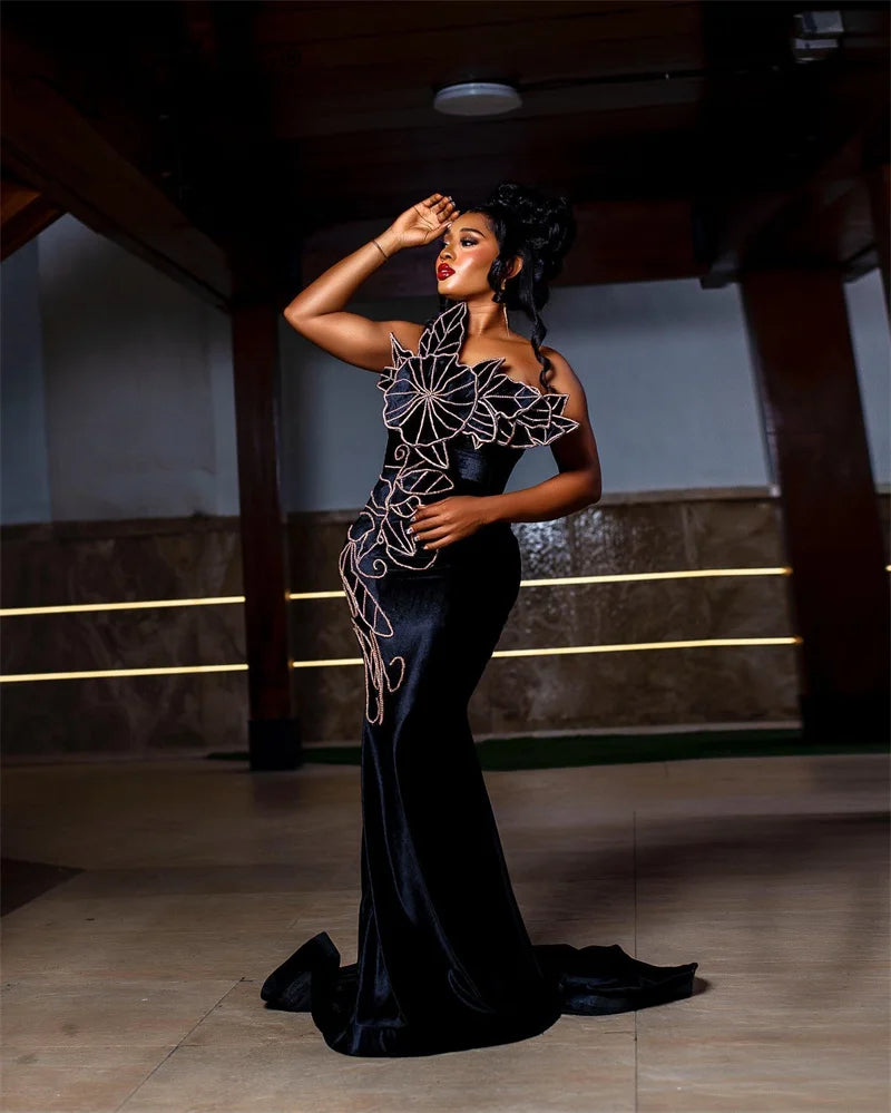 2024 Black Velvet Mermaid Bespoke Occasion Dresses Long African Women Elegant Evening Gowns Custom Made Beaded Prom Party Dress