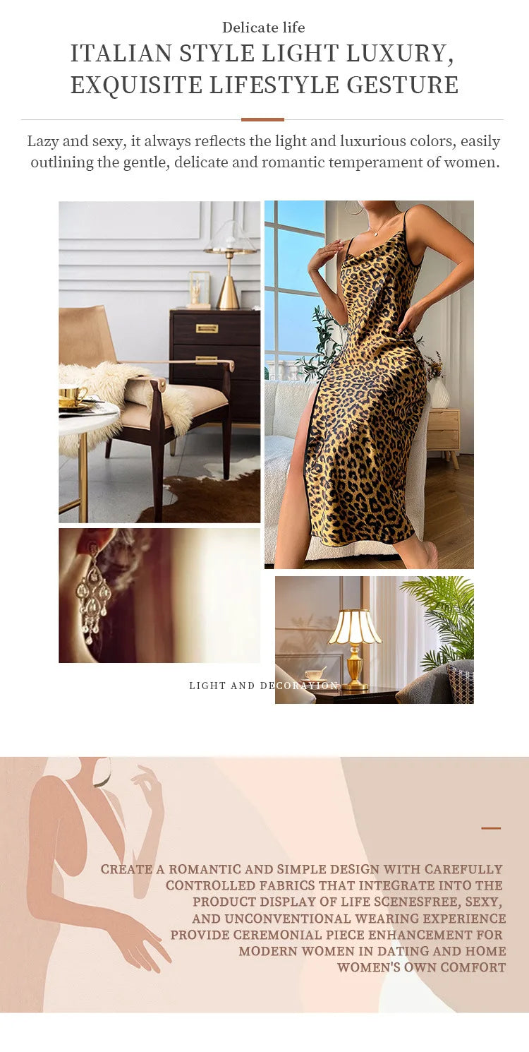 Summer women’s ice-silk spaghetti-strap dress; faux silk leopard-print pyjamas and loungewear; women’s backless, slit-hem spaghe