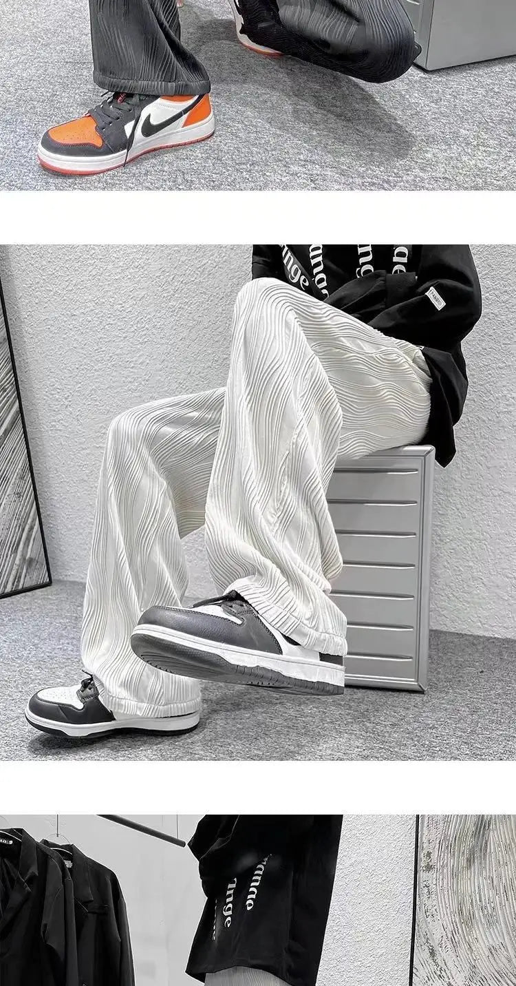 Summer Korean Fashion Simple Ice Silk Wide Leg Pants Men Solid Elastic Waist Pockets Thin High Street Loose Straight Trousers