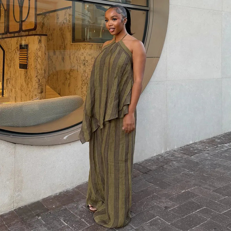 2026 2 Piece Sets Lady Chic Holiday Outfit Y2K Green Stripe Long Pant Sets For Women Spring Summer Halter Vest Top Wide Leg Pant