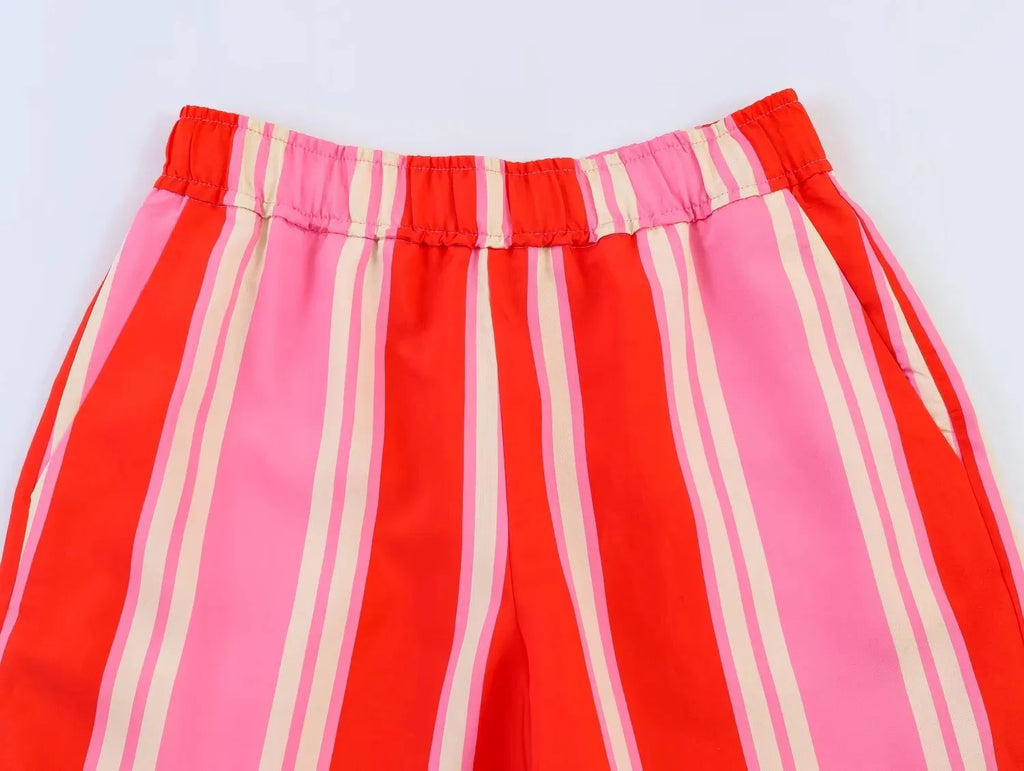 BSAY 2026 Women's Striped 2-Piece Outfit Short Sleeve Shirt Top + Elastic Waist Wide Leg Pants Set Casual Summer Matching Sets