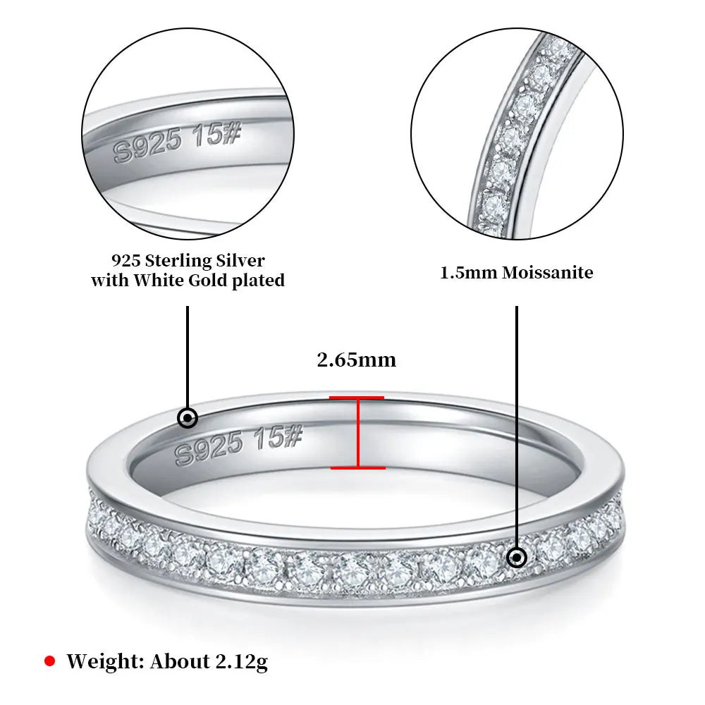 1.5mm Full Moissanite Rings for Women Eternity Wedding Band S925 Sterling Silver D Color Channel Set Lab Diamond Fine Jewelry