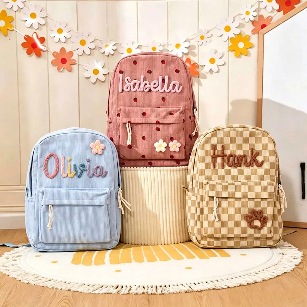 1pc Personalized Corduroy Backpack, Strawberry/Checkered Pattern, Simple and Spacious, Perfect Back-to-School Gift