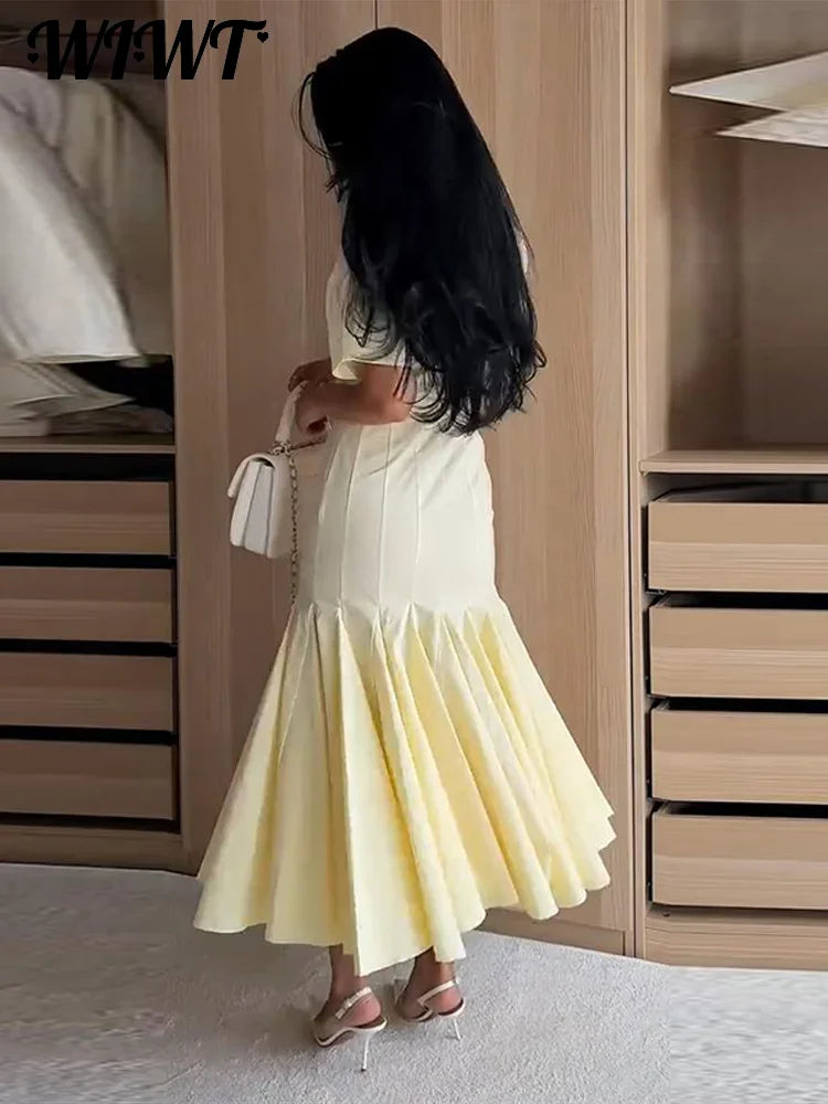 Elegant Pleated Waist-cinching Long Dress Women's Sexy V-neck Short Sleeve Bodycon Dresses 2026 Summer New Lady Solid Robes
