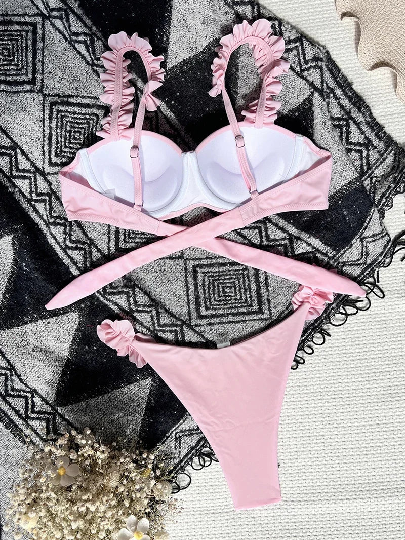 Push Up Bikini Set Women 2026 Swimsuit Sexy Bow Biquini Lace Up Summer Bathing Suit Lady Two Pieces Swimwear Woman Beachwear L